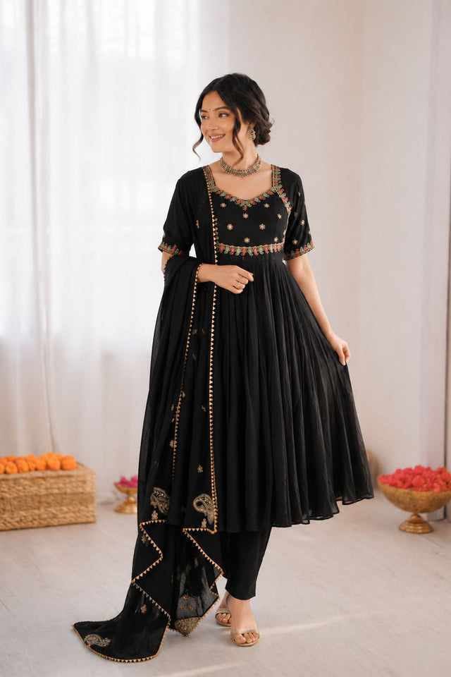 Black Floral Embroidered Art Silk Anarkali Suit (RT-6024)
