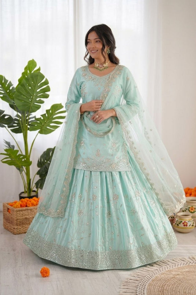 Blue Sequin Satin Skirt Set (RT-6027)