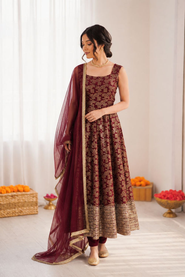 Maroon Floral Embroidered Chanderi Silk Anarkali Suit (RT-6029)