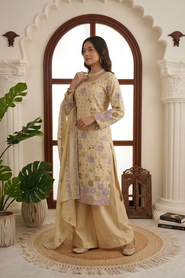 Cream Floral Embroidered Art Silk Palazzo Suit (RT-6030)