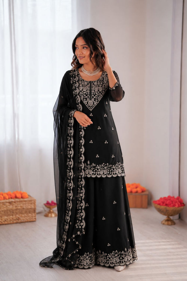 Black Floral Embroidered Georgette Palazzo Suit (RT-6031)