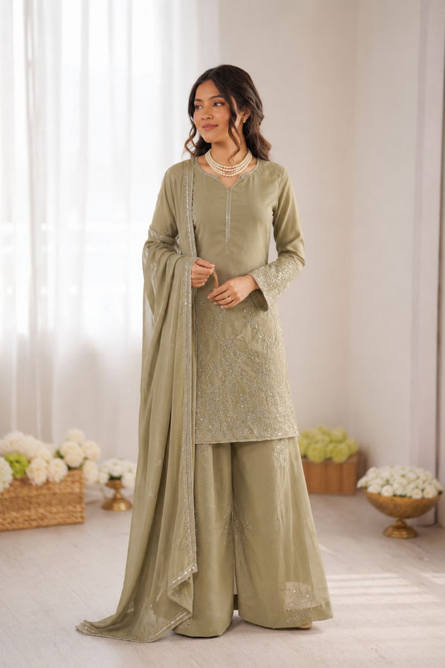 Olive Green Sequin with Embroidered Georgette Palazzo Suit (RT-6037)