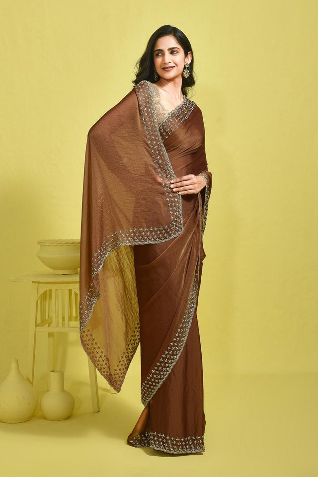 Brown Embroidered Tissue Saree (RWINNX6B3723)
