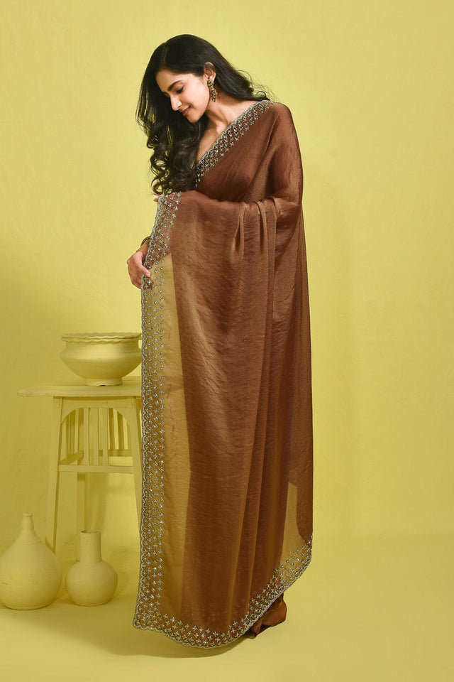 Brown Embroidered Tissue Saree (RWINNX6B3723)