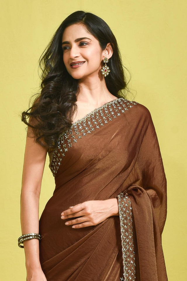 Brown Embroidered Tissue Saree (RWINNX6B3723)