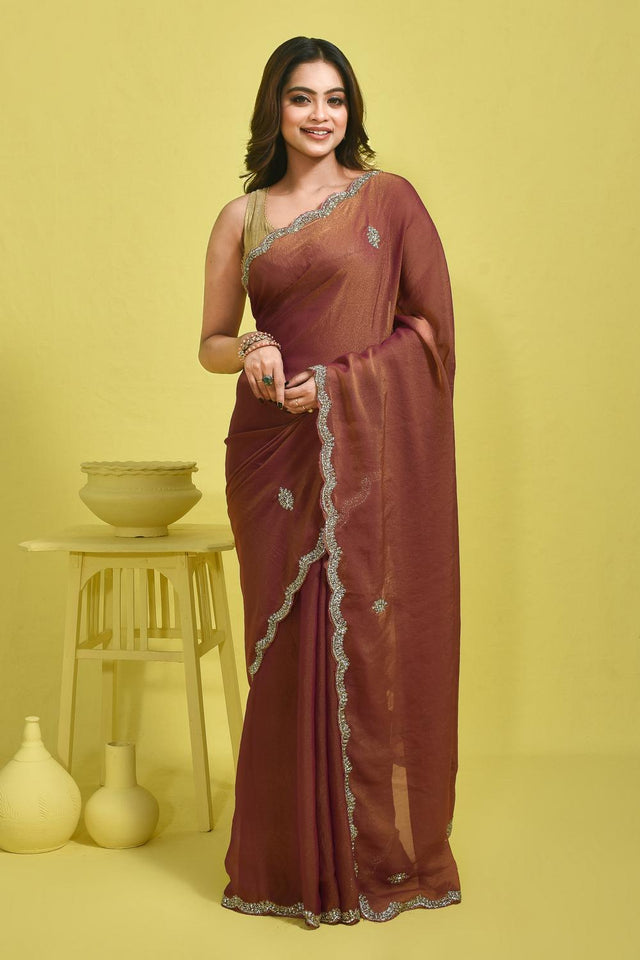 Pink Beads & Stone Embossed Tissue Saree (RWIPPS6C3777)
