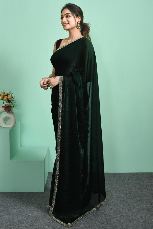 Green Beads & Stone Embossed Satin Saree (RWTGGR6C3803)