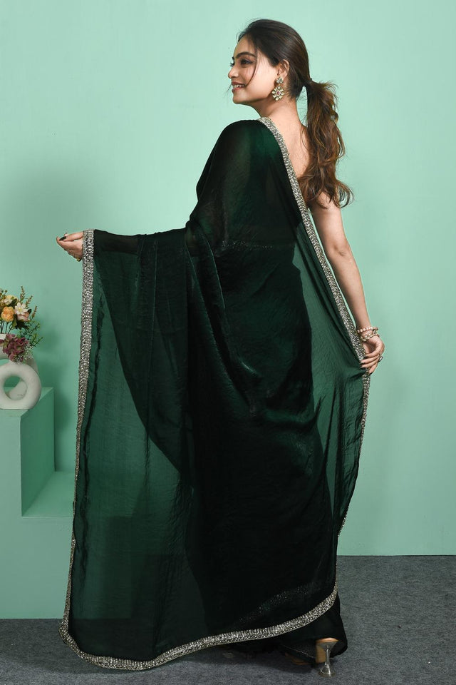 Green Beads & Stone Embossed Satin Saree (RWTGGR6C3803)