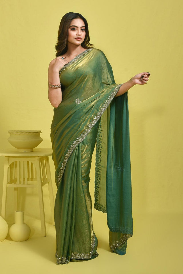 Green Beads Embossed Satin Saree (RWTGGV6C3781)