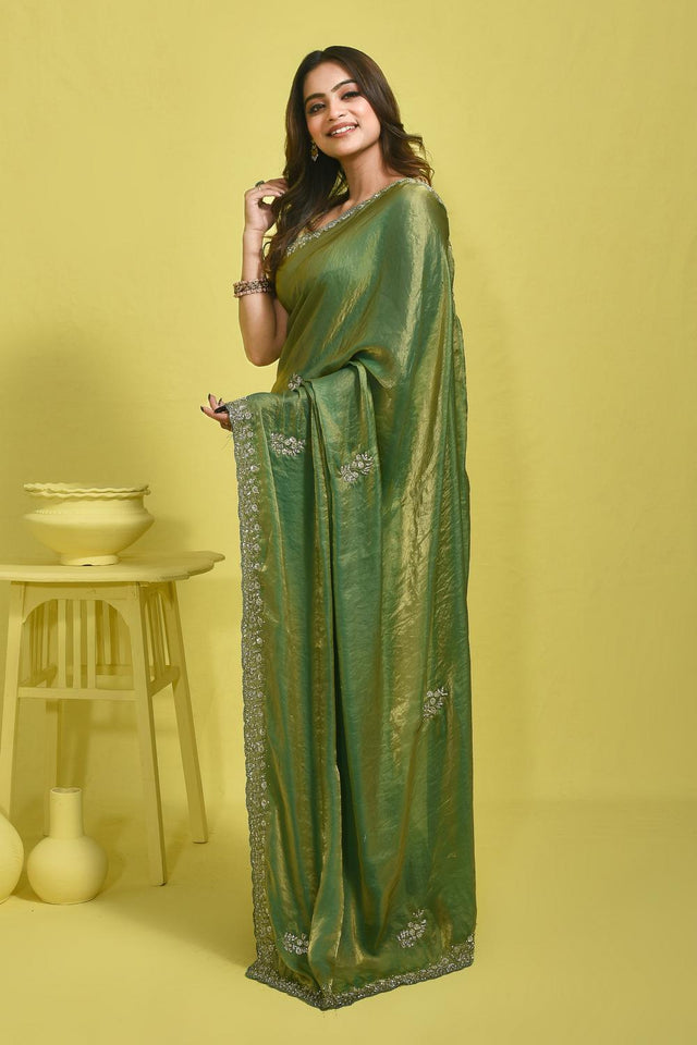 Green Beads Embossed Satin Saree (RWTGGV6C3781)