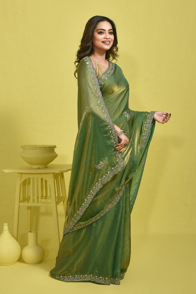 Green Beads Embossed Satin Saree (RWTGGV6C3781)