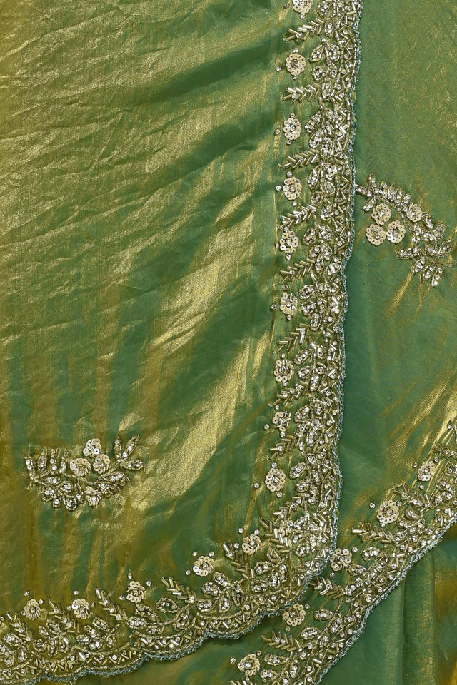 Green Beads Embossed Satin Saree (RWTGGV6C3781)