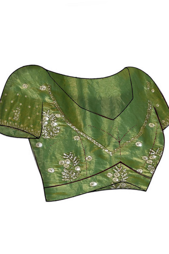 Green Beads Embossed Satin Saree (RWTGGV6C3781)