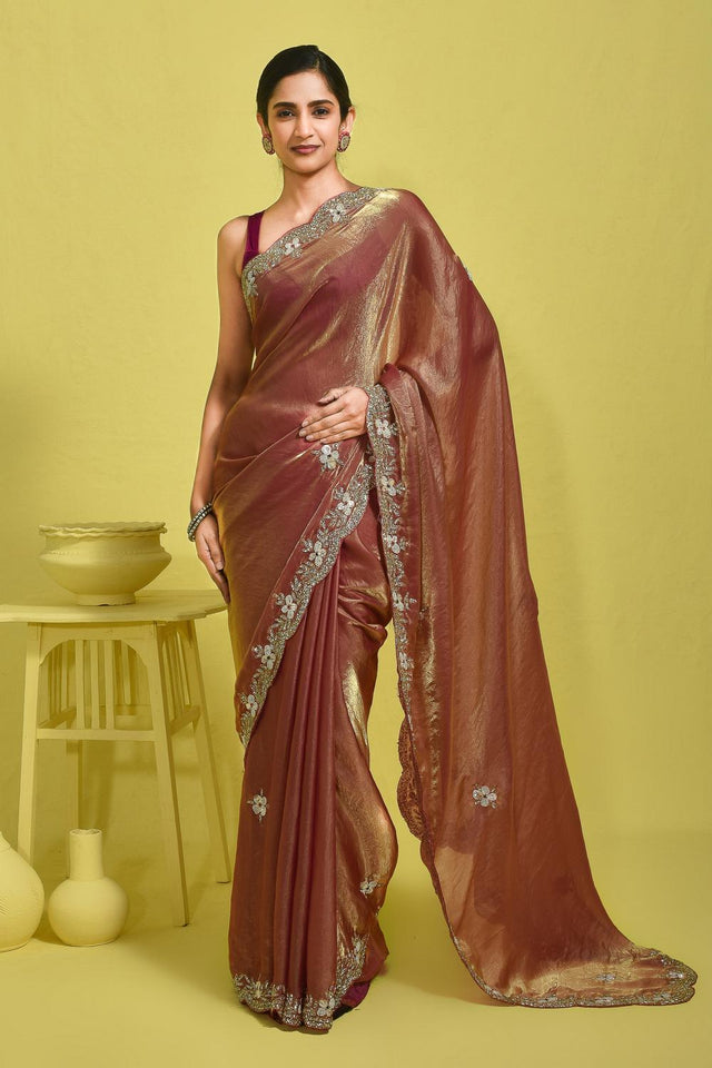 Peach Beads & Stone Embossed Satin Saree (RWTHHZ6B3747)