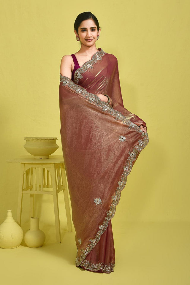 Peach Beads & Stone Embossed Satin Saree (RWTHHZ6B3747)