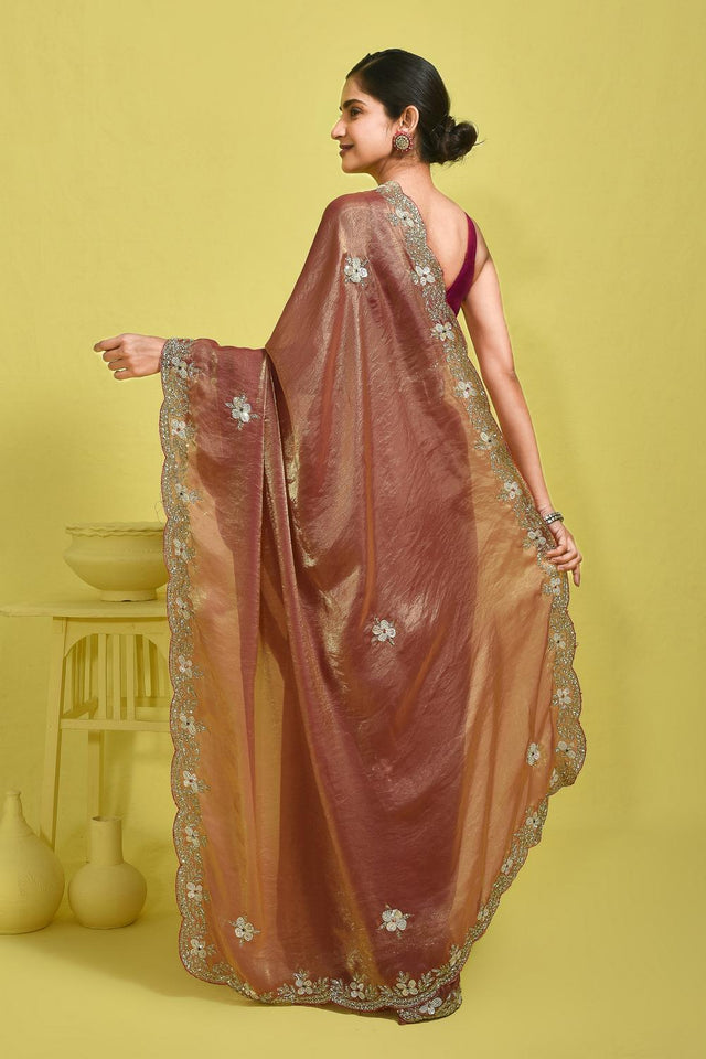 Peach Beads & Stone Embossed Satin Saree (RWTHHZ6B3747)