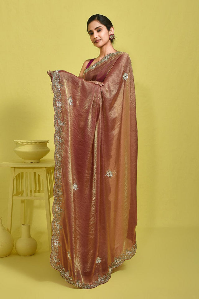 Peach Beads & Stone Embossed Satin Saree (RWTHHZ6B3747)