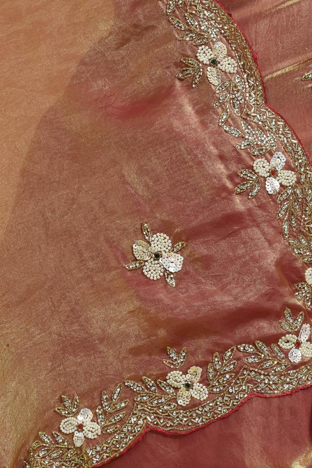 Peach Beads & Stone Embossed Satin Saree (RWTHHZ6B3747)