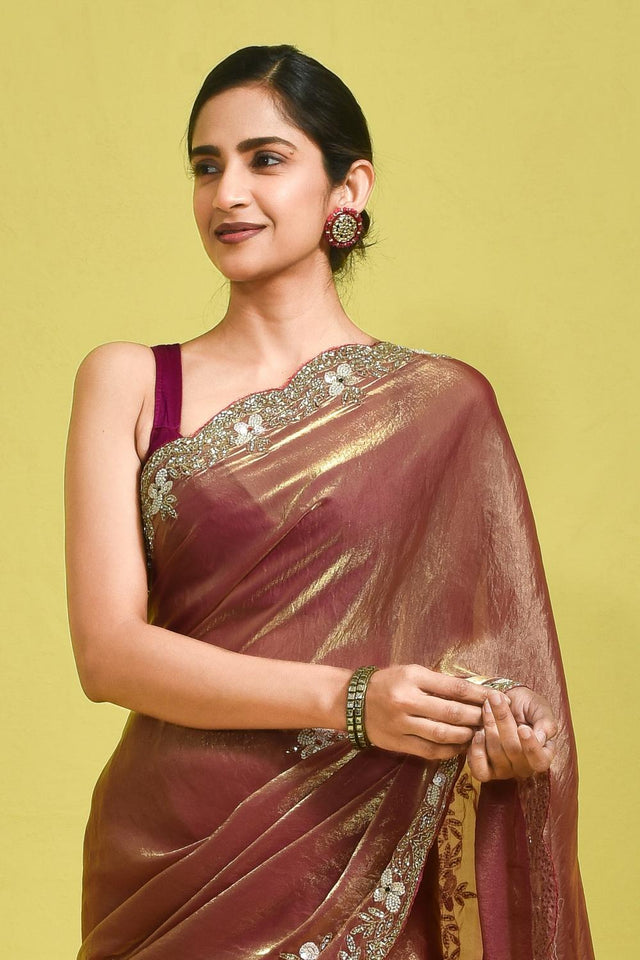 Peach Beads & Stone Embossed Satin Saree (RWTHHZ6B3747)
