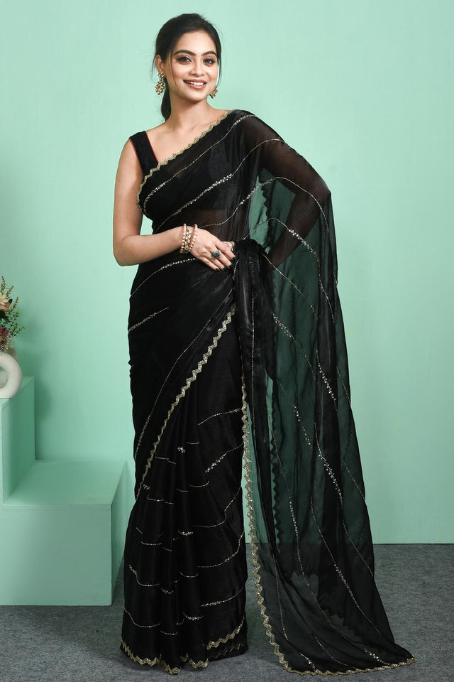Black Beads & Stone Embossed Satin Saree (RWTLLL6C3797)
