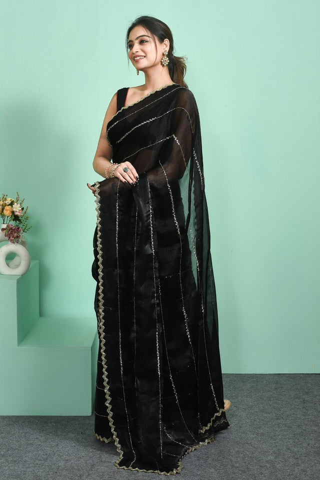 Black Beads & Stone Embossed Satin Saree (RWTLLL6C3797)