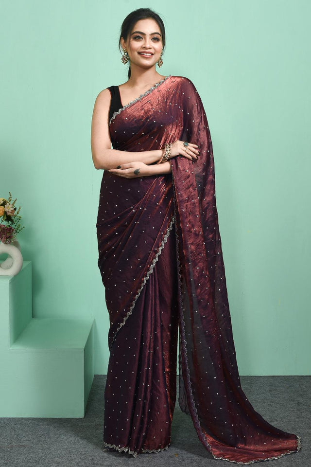 Maroon Beads & Stone Embossed Satin Saree (RWTMMN6C3790)