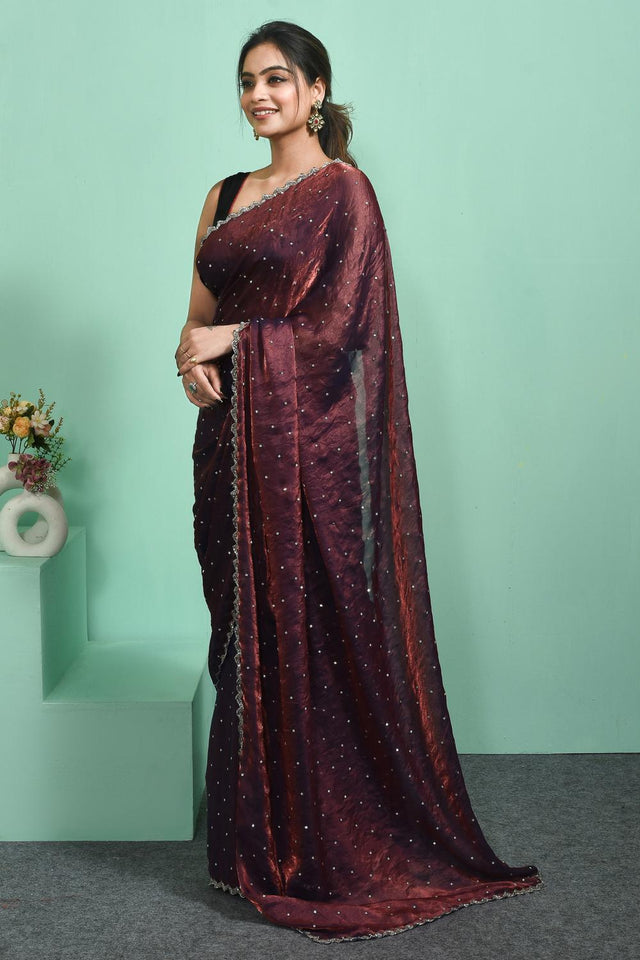 Maroon Beads & Stone Embossed Satin Saree (RWTMMN6C3790)