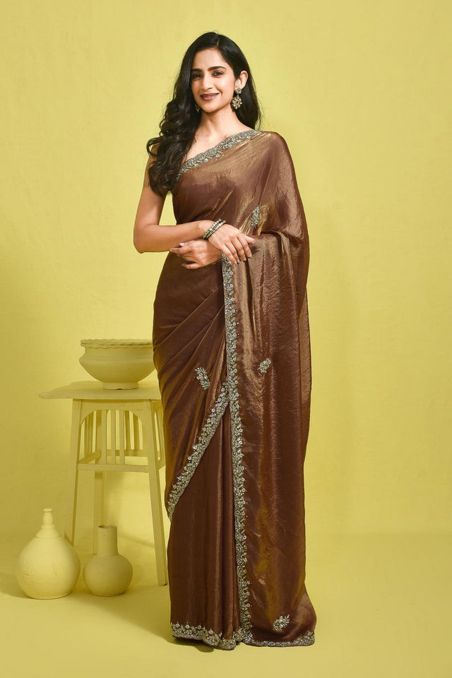 Brown Floral Embroidered Satin Saree (RWTNNW6B3727)