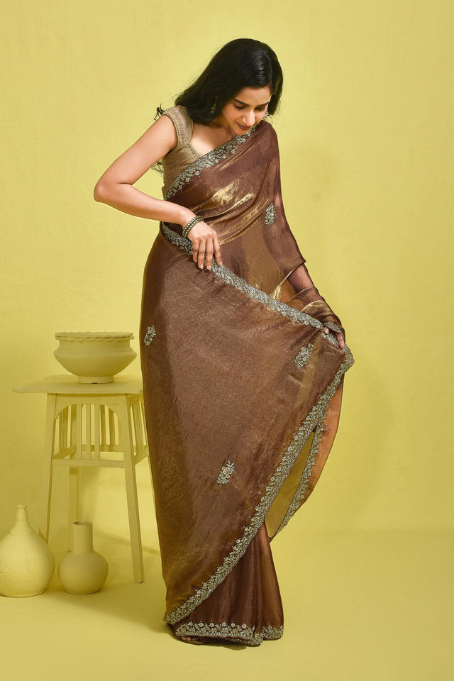 Brown Floral Embroidered Satin Saree (RWTNNW6B3727)