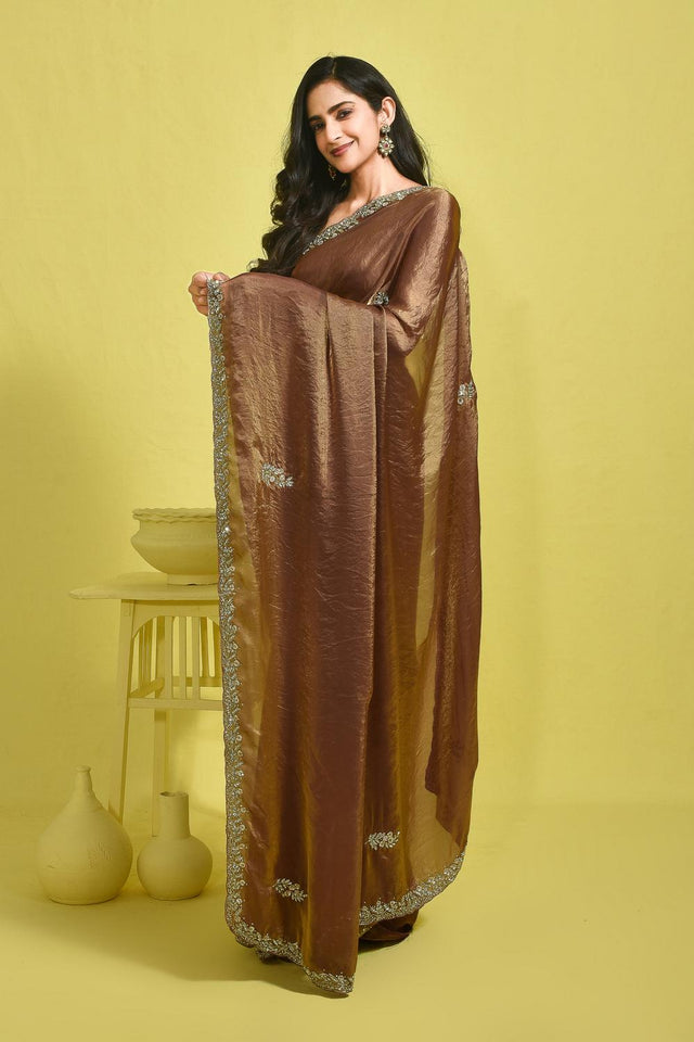Brown Floral Embroidered Satin Saree (RWTNNW6B3727)