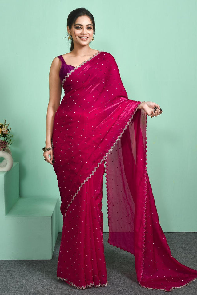 Pink Beads Embossed Satin Saree (RWTPPN6C3817)