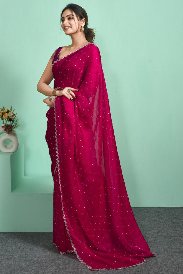 Pink Beads Embossed Satin Saree (RWTPPN6C3817)