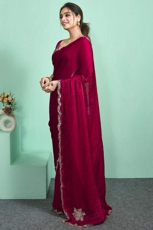 Pink Sequin & Stone Embossed Satin Saree (RWTPPP6C3819)