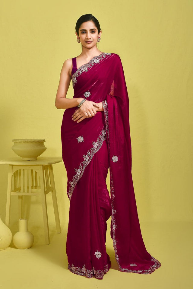 Pink Beads & Stone Embossed Satin Saree (RWTPPZ6B3749)