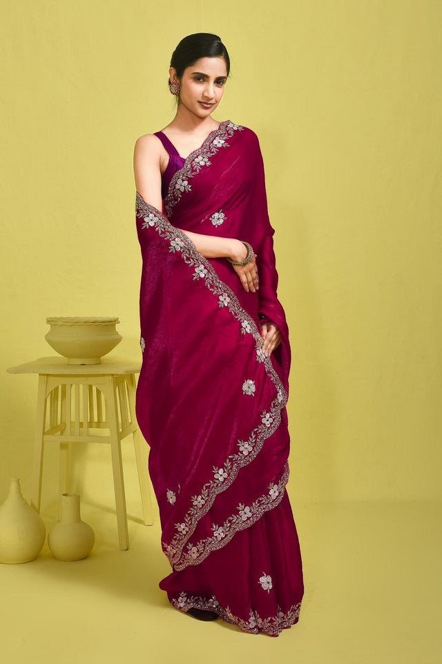 Pink Beads & Stone Embossed Satin Saree (RWTPPZ6B3749)