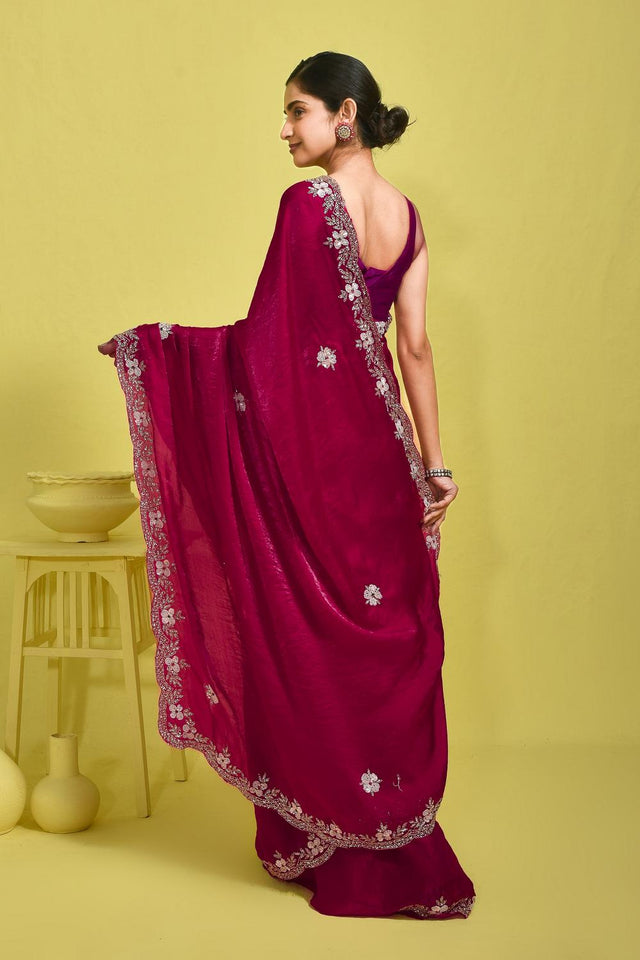 Pink Beads & Stone Embossed Satin Saree (RWTPPZ6B3749)