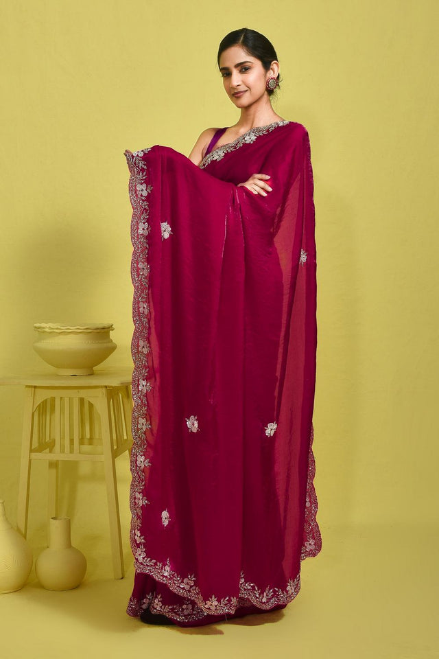 Pink Beads & Stone Embossed Satin Saree (RWTPPZ6B3749)