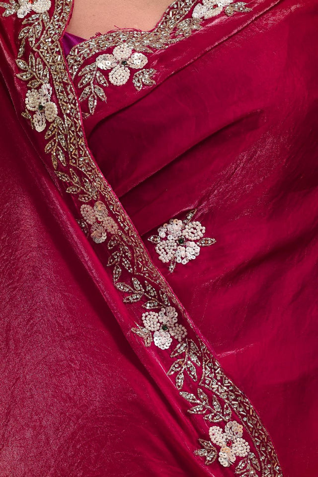 Pink Beads & Stone Embossed Satin Saree (RWTPPZ6B3749)