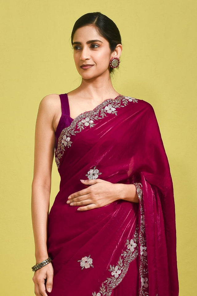 Pink Beads & Stone Embossed Satin Saree (RWTPPZ6B3749)