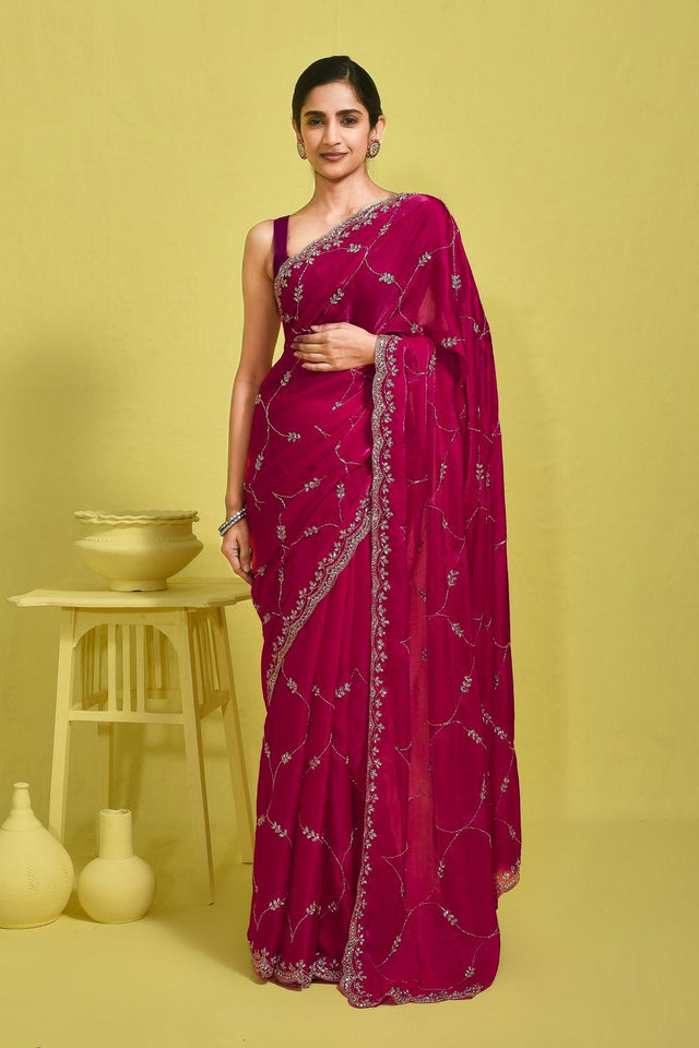 Pink Beads & Stone Embossed Satin Saree (RWTPPZ6B3750)