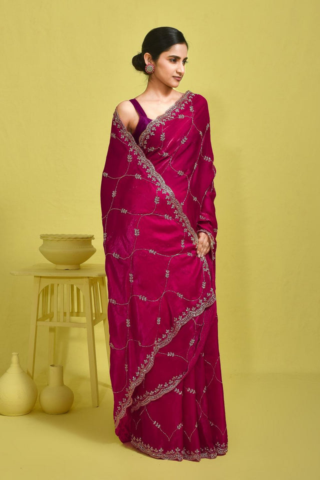 Pink Beads & Stone Embossed Satin Saree (RWTPPZ6B3750)