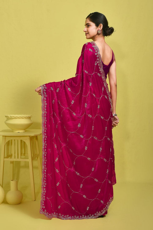 Pink Beads & Stone Embossed Satin Saree (RWTPPZ6B3750)
