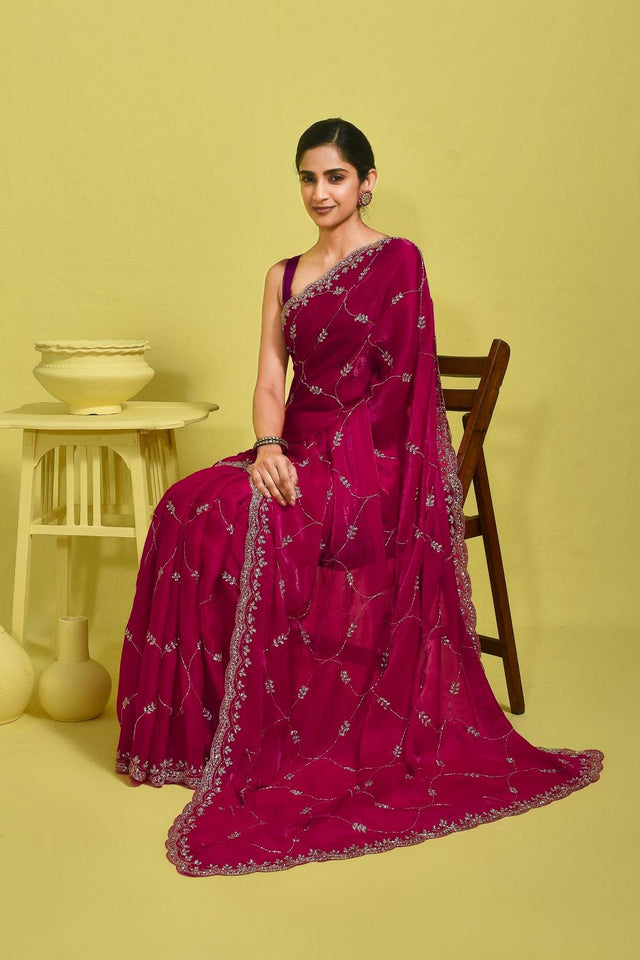 Pink Beads & Stone Embossed Satin Saree (RWTPPZ6B3750)