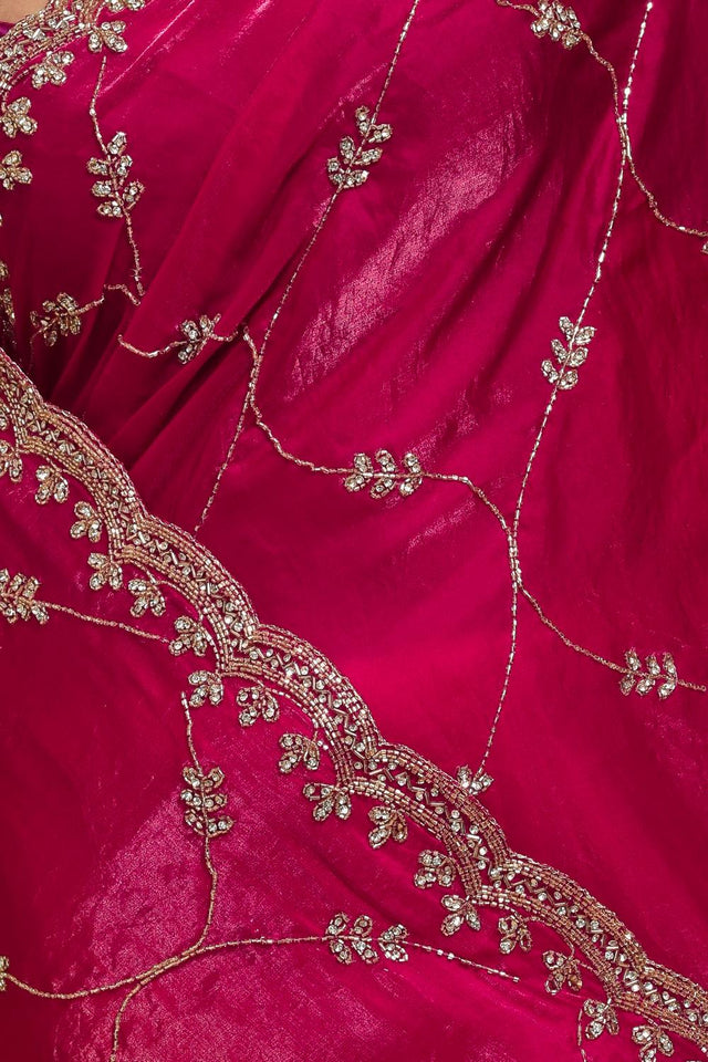 Pink Beads & Stone Embossed Satin Saree (RWTPPZ6B3750)
