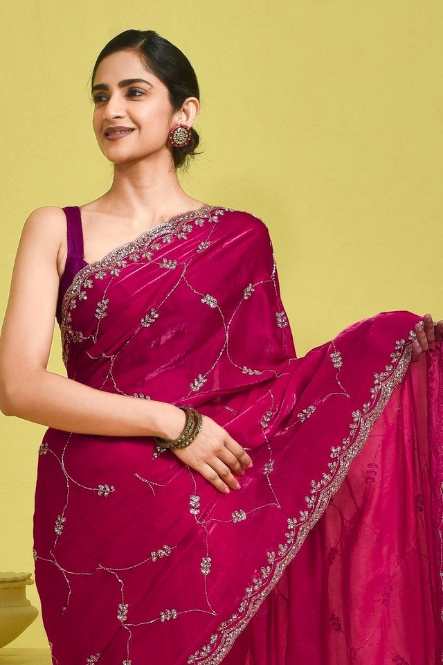 Pink Beads & Stone Embossed Satin Saree (RWTPPZ6B3750)