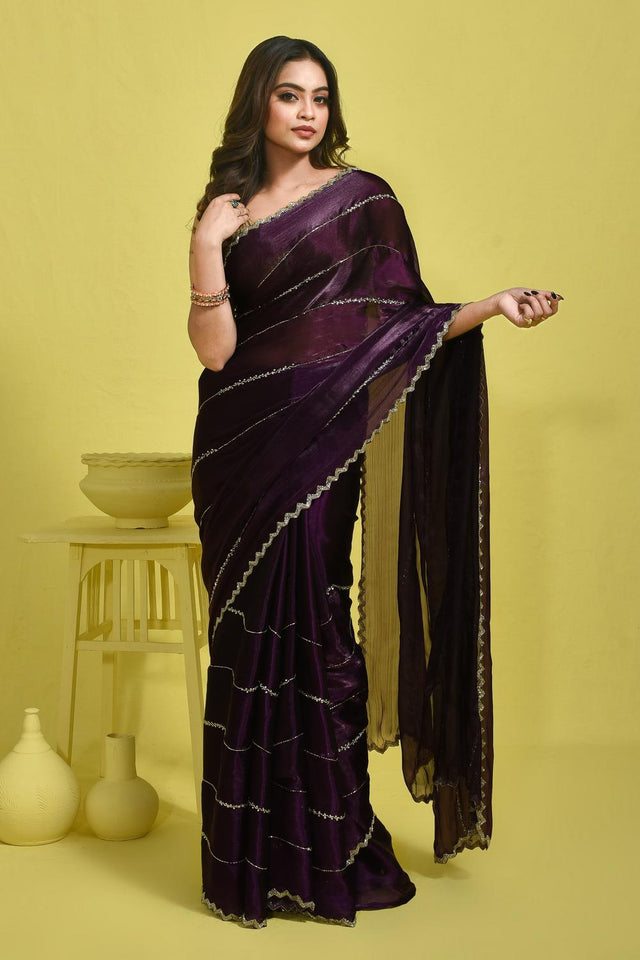 Violet Beads & Stone Embossed Satin Saree (RWTQQK6C3771)