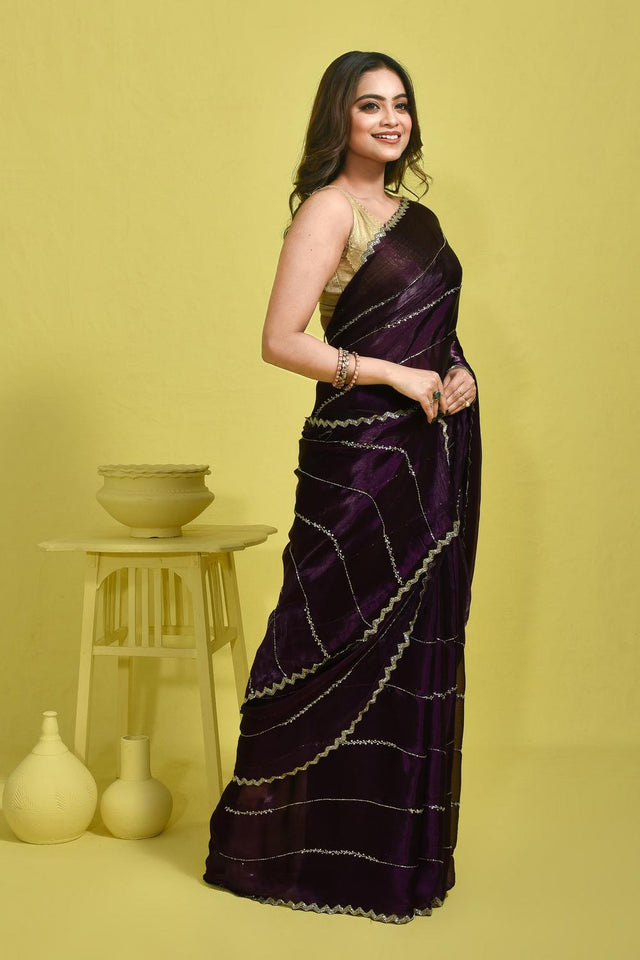 Violet Beads & Stone Embossed Satin Saree (RWTQQK6C3771)