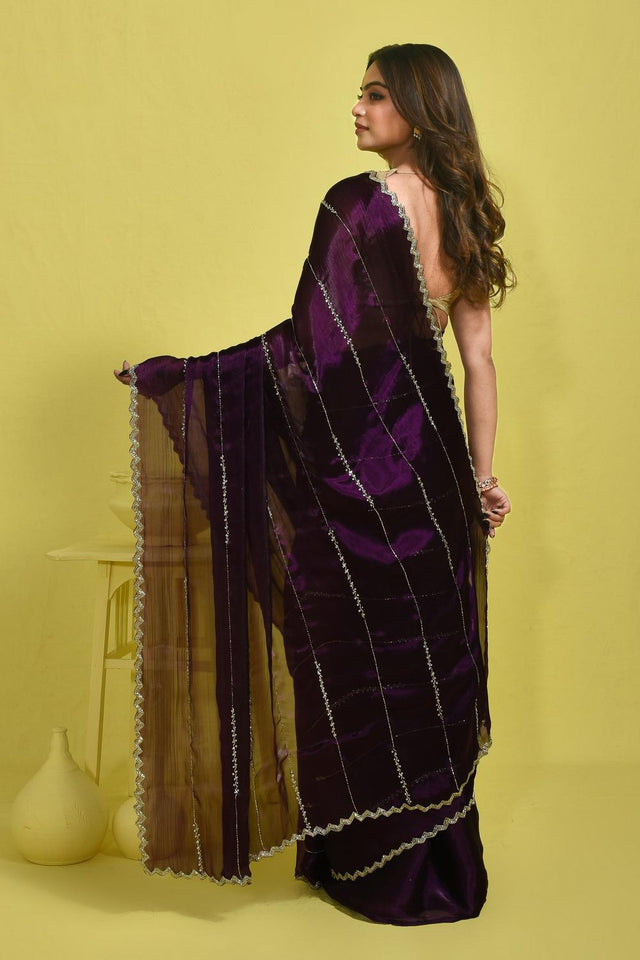Violet Beads & Stone Embossed Satin Saree (RWTQQK6C3771)