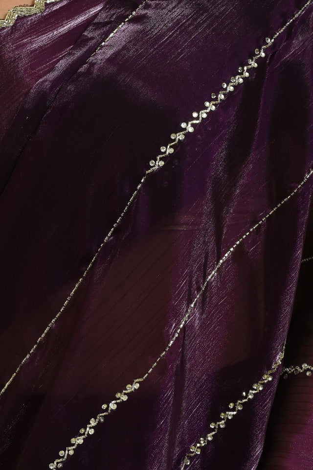 Violet Beads & Stone Embossed Satin Saree (RWTQQK6C3771)
