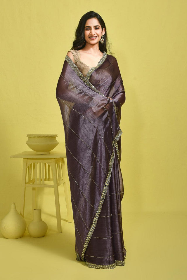 Violet Mirror Sequin Satin Saree (RWTQQO6B3717)